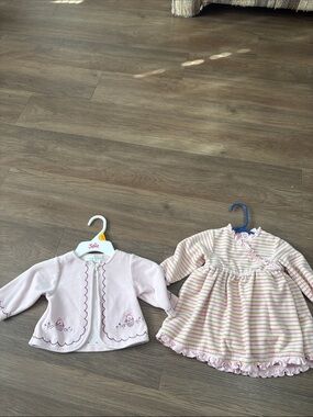 Girls' Pink Striped Ruffle Dress with Pink Knit Cardigan